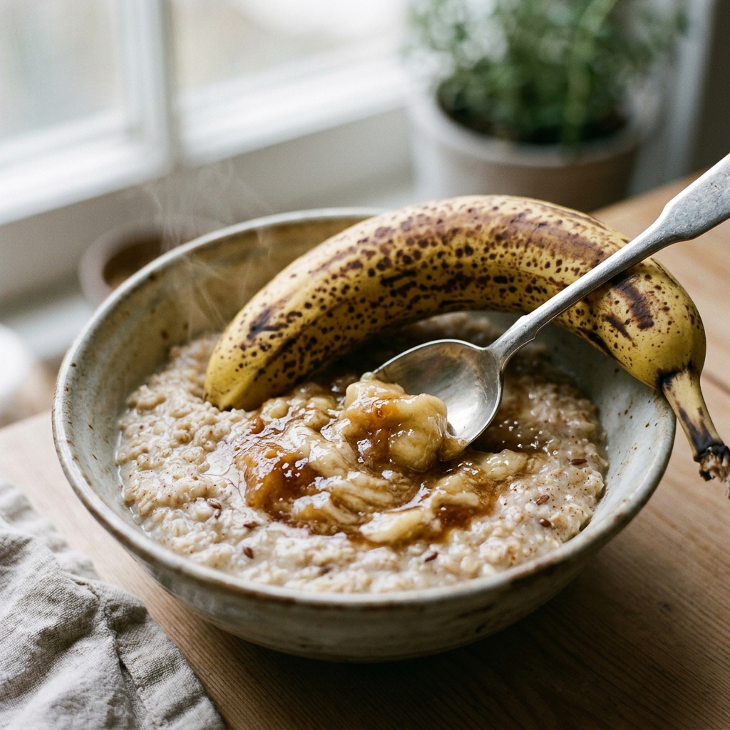 A soft, brown-spotted banana being gently mashed into a soothing bowl of creamy porridge.