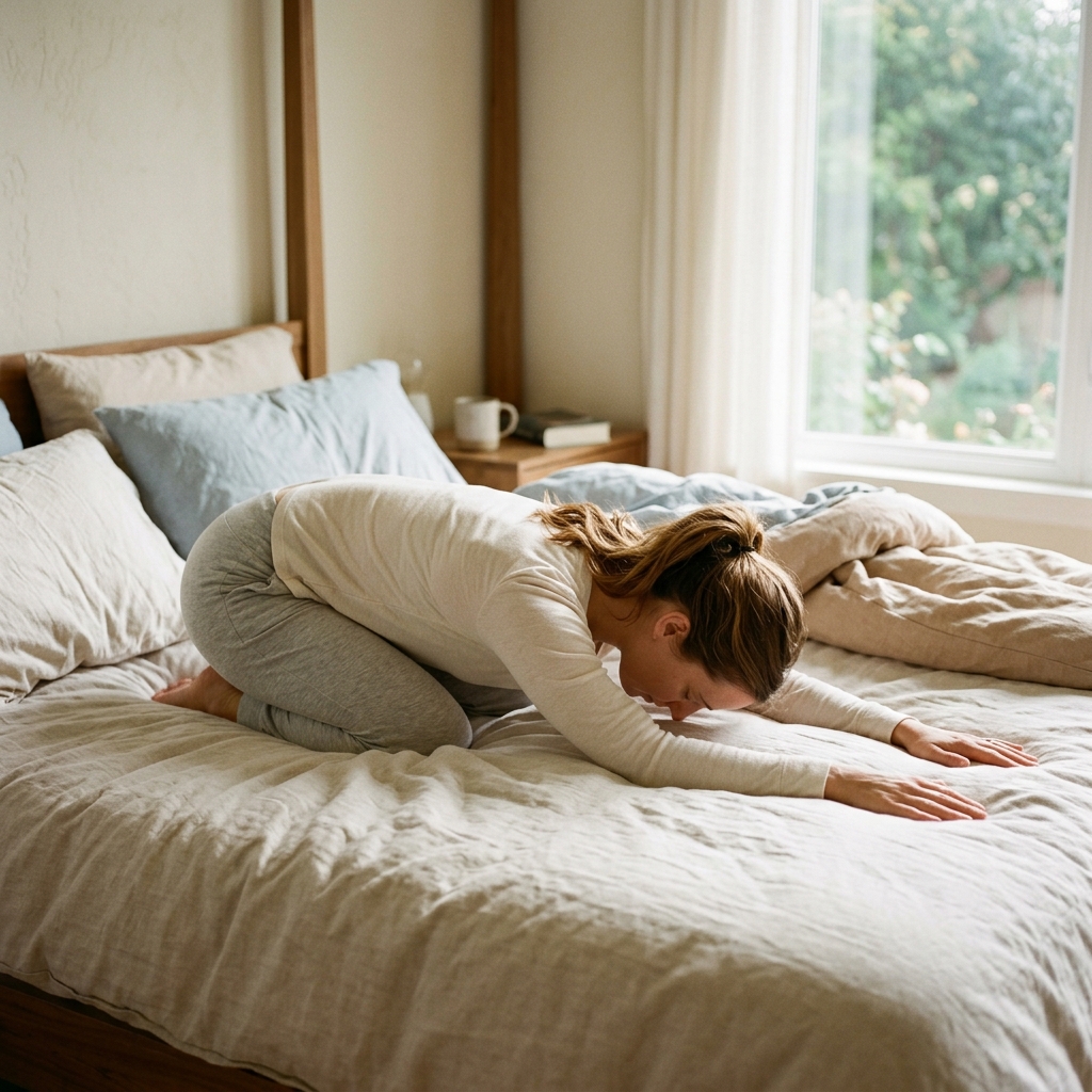 A woman performing child's pose in bed, allowing her belly to hang heavy to stimulate the parasympathetic nervous system for digestion.