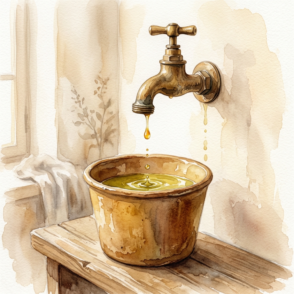 Leaky brass faucet dripping constantly into a bucket