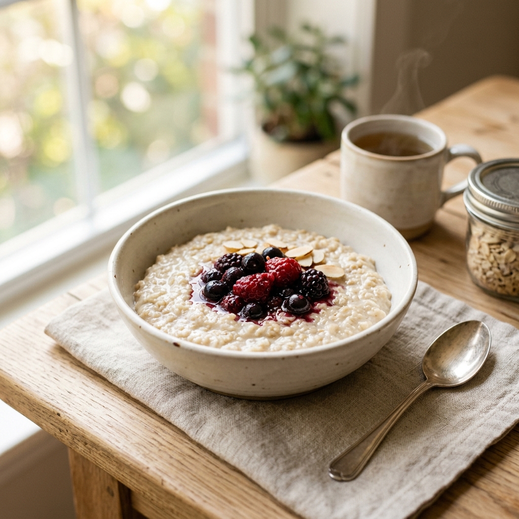 A gentle bowl of warm cooked oatmeal topped with stewed berries, providing soluble fiber.