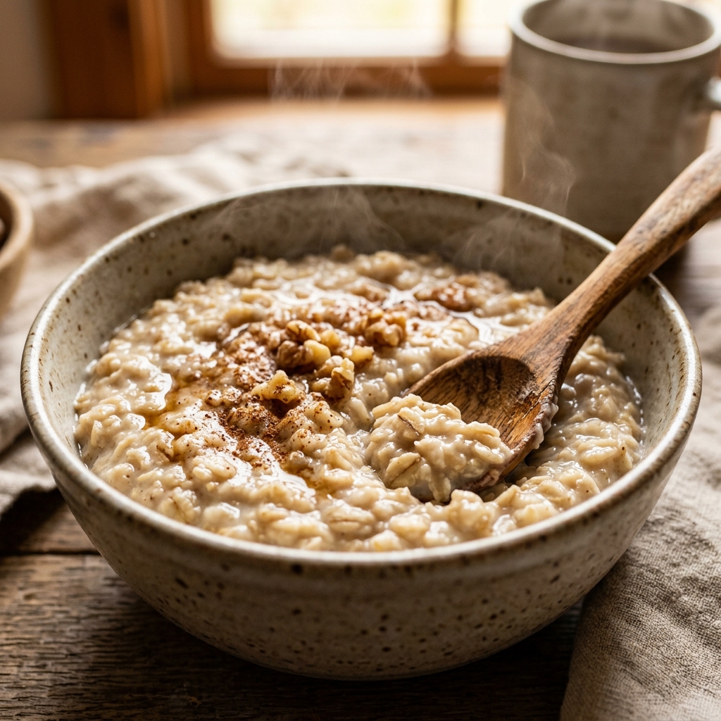 A steaming bowl of creamy rolled oats forming a soothing gel.