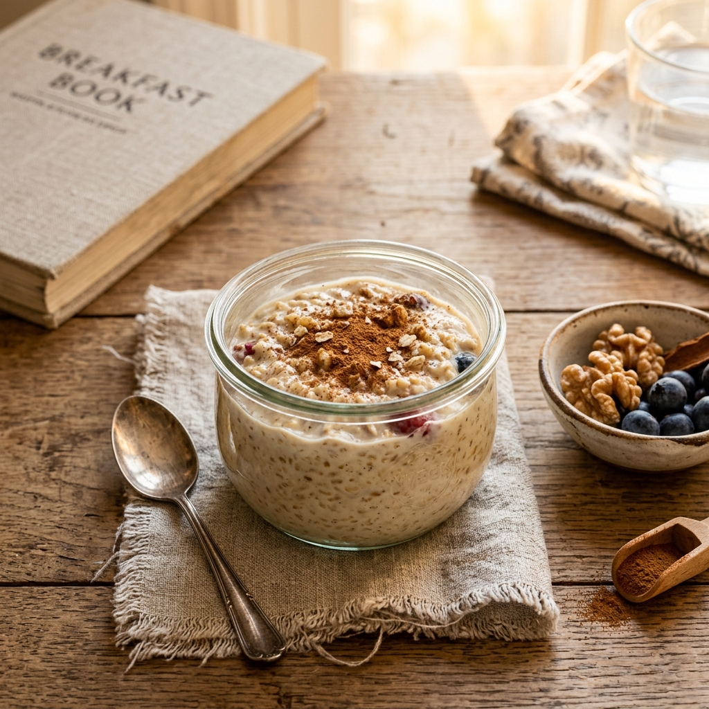 A beautiful top-down view of creamy steel cut overnight oats in a glass jar topped with cinnamon.