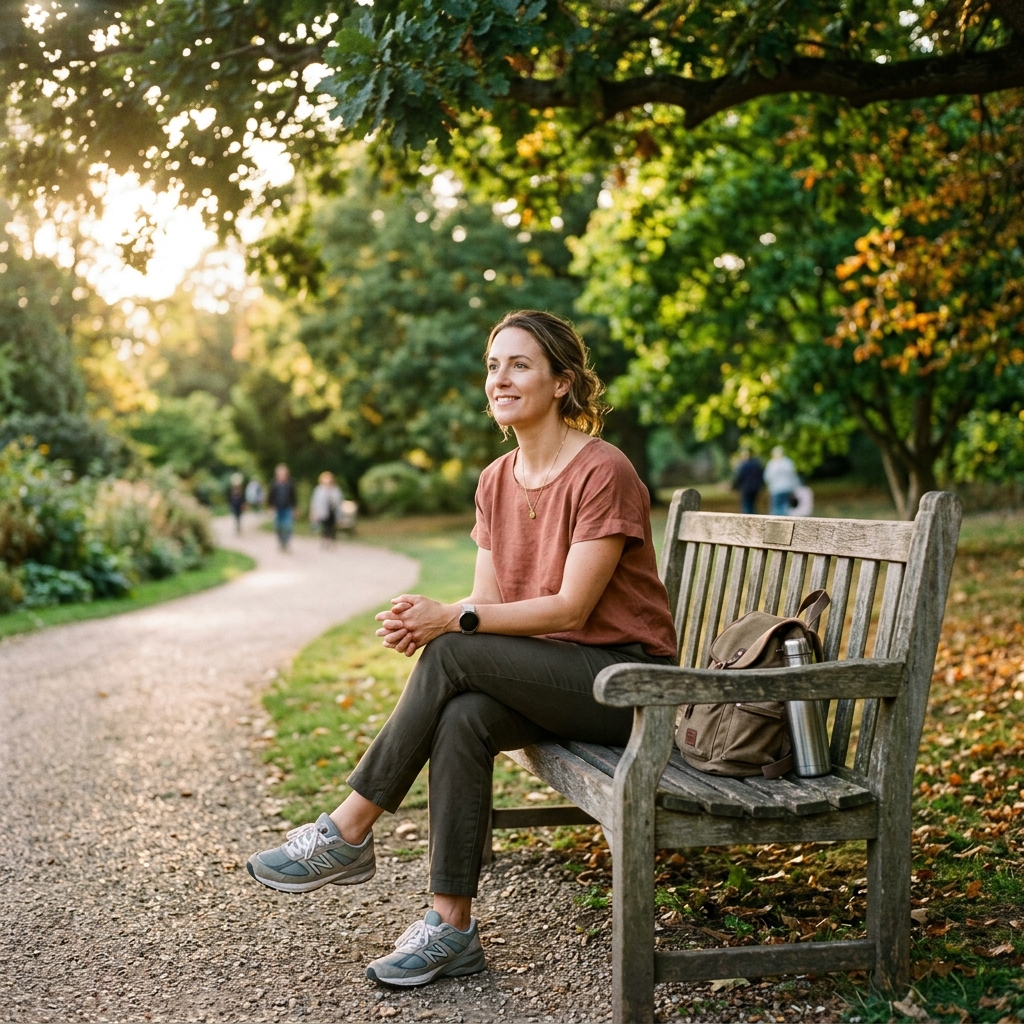 A person sitting peacefully on a park bench, looking energized and refreshed after a walk.