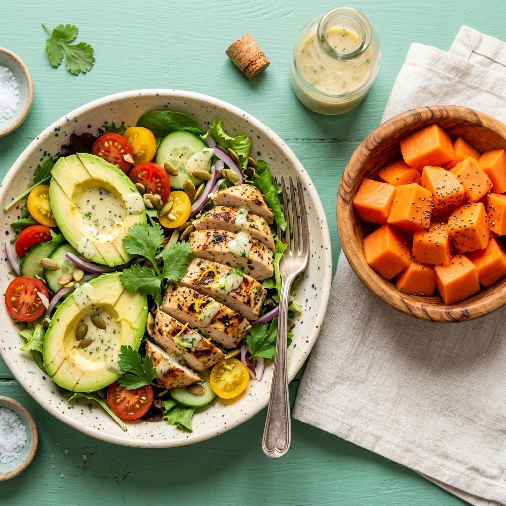 A healthy salad next to natural papaya cubes representing digestive enzymes