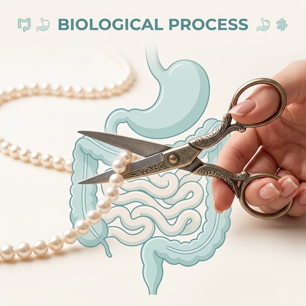 A pair of vintage scissors cutting a string of pearls, representing enzymes cutting nutrient chains