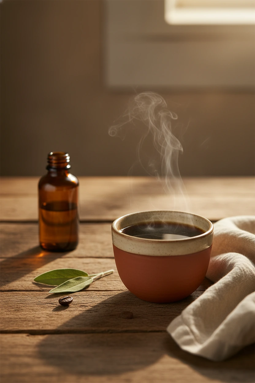 A still life of a closed amber supplement bottle next to a steaming ceramic cup of coffee on a wooden table at golden hour — visual metaphor for choosing the wrong solution