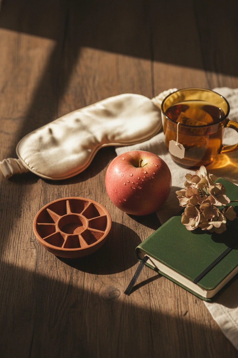 A contemplative still life suggesting non-vitamin fatigue causes — a sleep mask, a small pill organizer set aside, a fresh apple, and an empty journal page — arranged on weathered wood