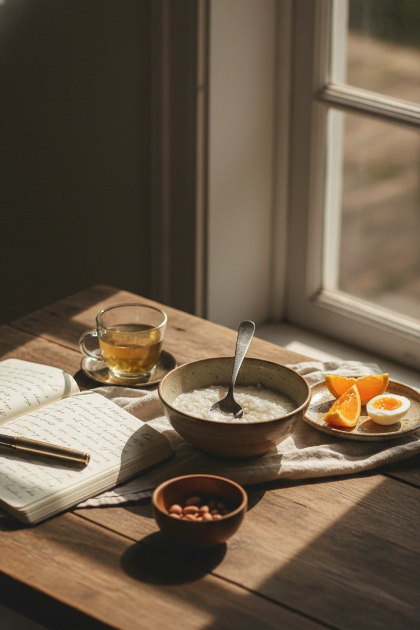 A warm domestic scene showing a partially-finished meal, an open journal with handwritten notes, and golden afternoon light through a window — evoking honest personal reflection