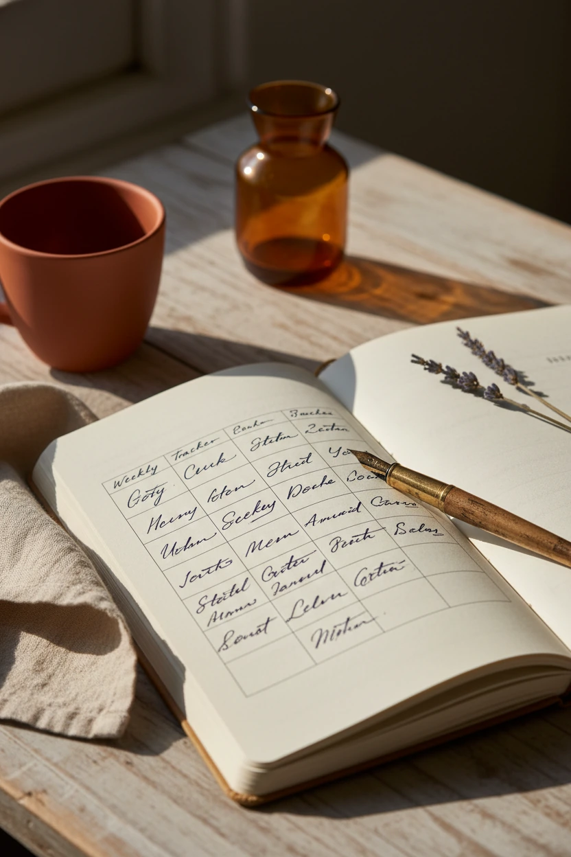 An intimate close-up of a hand-written sleep tracker journal with elegant handwriting, beside a fountain pen and a small dried flower