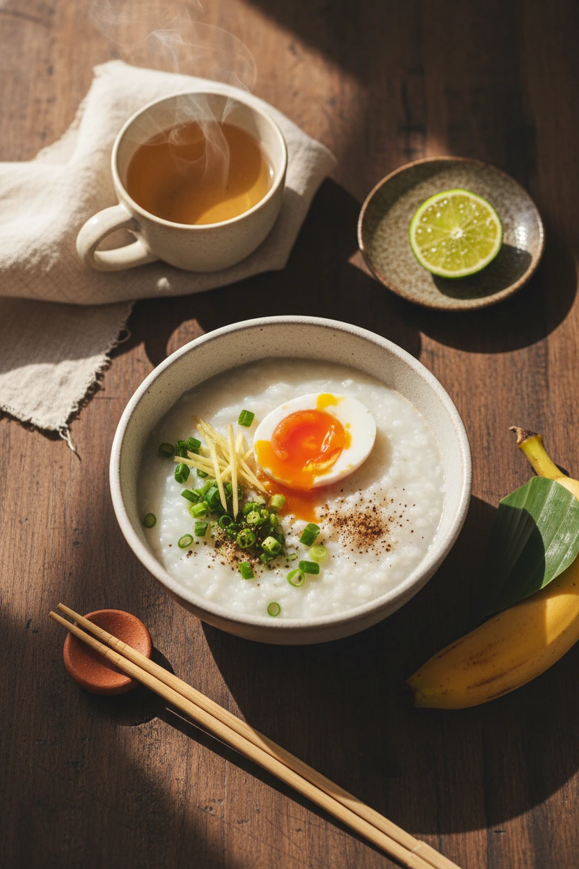 A beautifully styled traditional Vietnamese breakfast of rice porridge with soft-boiled egg, sliced green onion, fresh ginger slices, lime wedge, and a small banana on a wooden table with a small tea cup