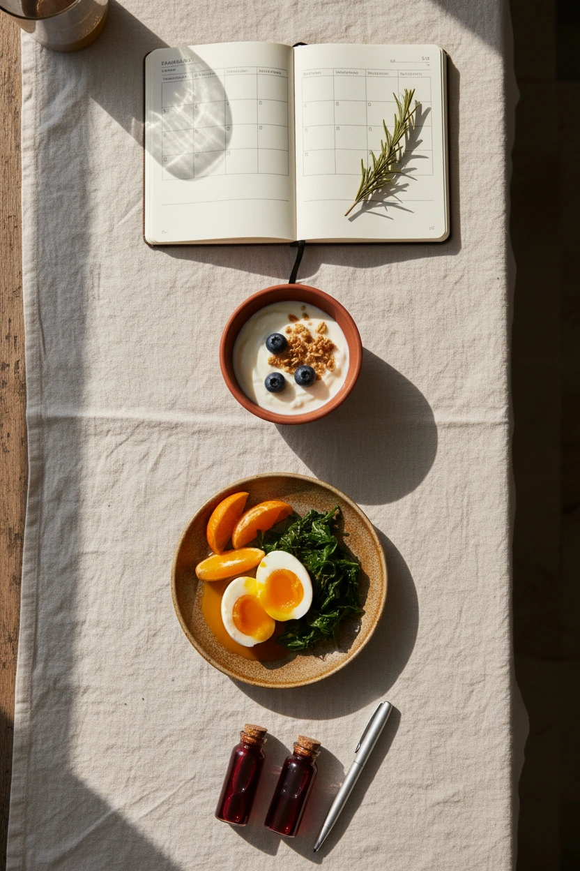 A top-down editorial flat lay showing the four tiers of the fatigue decoder arranged on a linen cloth — journal, breakfast bowl, synergy plate, and lab vial — connected by visual rhythm