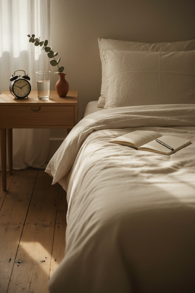 A peaceful morning bedroom scene with linen bedding, a small wooden nightstand holding a journal, water glass, and analog alarm clock at golden dawn light
