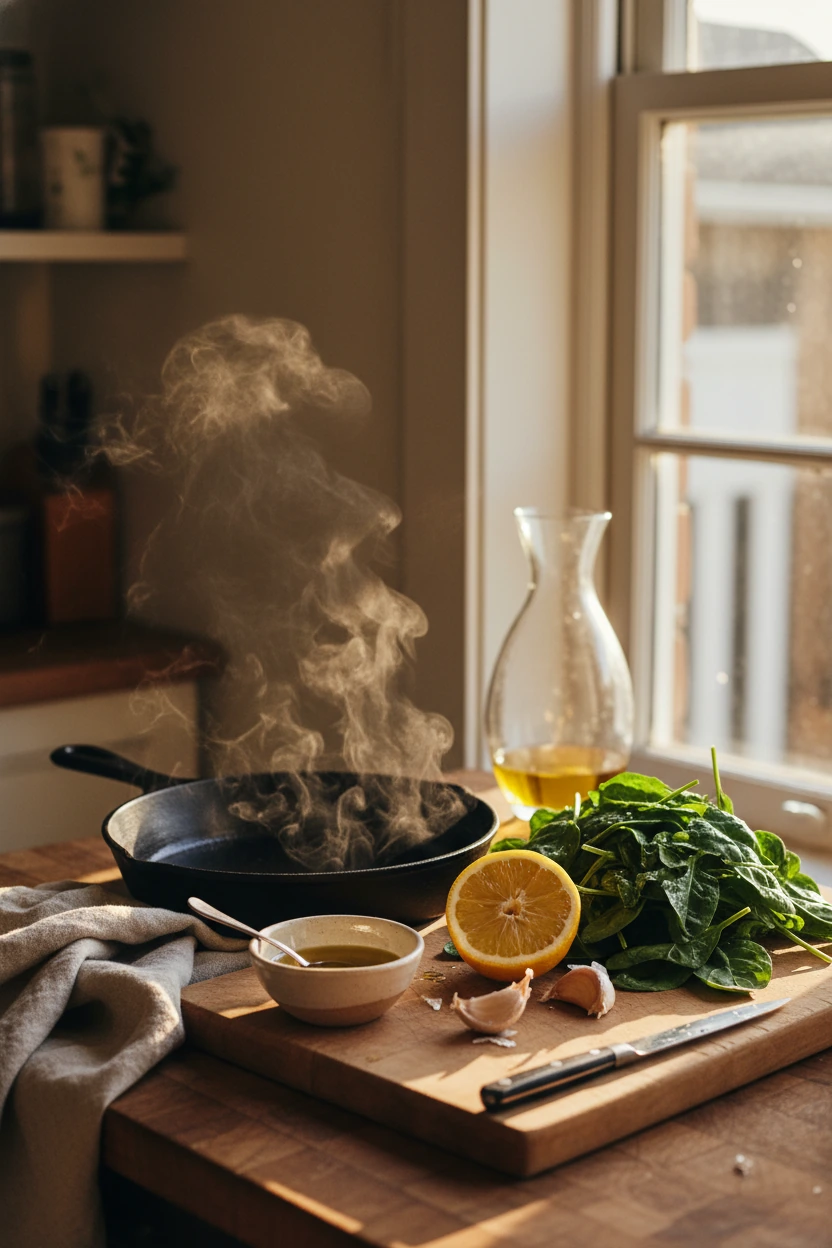 An intimate kitchen scene showing hands-free composition of cooking ingredients — spinach, lemon, olive oil, garlic, and a cast iron pan — captured in warm afternoon light