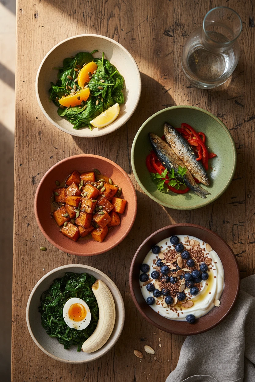 Five small ceramic bowls arranged in a thoughtful composition showing the five vitamin synergy pairs — spinach with orange, sardines with peppers, sweet potato with olive oil, eggs with greens, and yogurt with berries — on a wooden farmhouse table