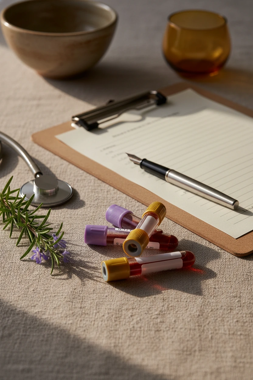 A calm clinical still life with a clipboard, three lab test vials with colored caps, a stethoscope, and a fountain pen on a soft grey surface in natural daylight
