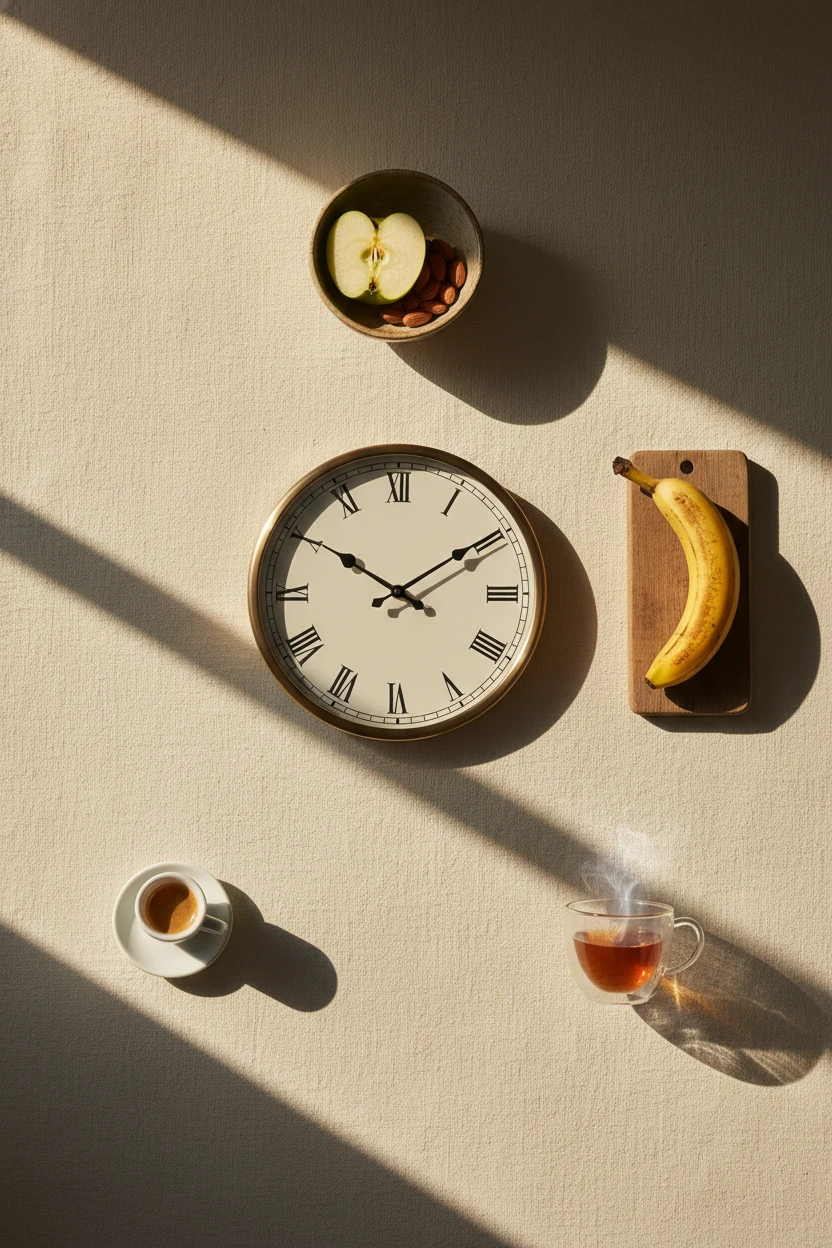An artistic editorial composition of a vintage analog wall clock at center, surrounded by small symbolic items at clock positions — coffee cup, lunch bowl, snack, tea cup — on a cream linen background