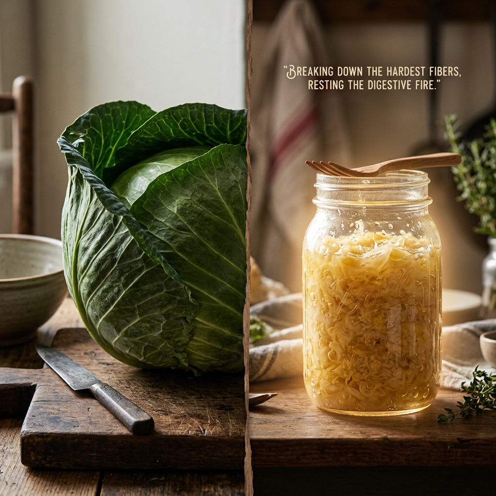 A split visual showing a hard, raw cabbage next to a soft, golden fermented sauerkraut in a jar, illustrating pre-digestion.
