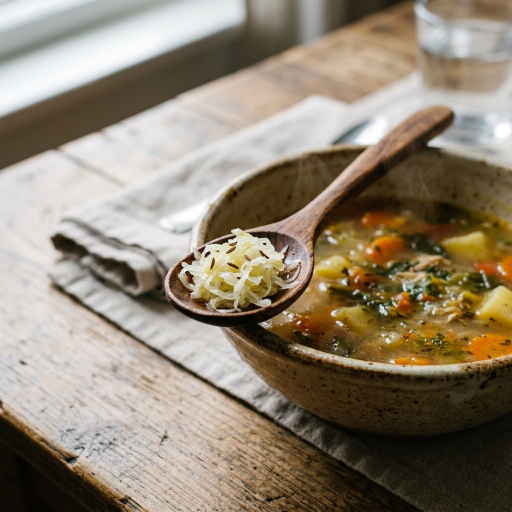 A single wooden tablespoon of sauerkraut resting delicately on the edge of a bowl of soup.