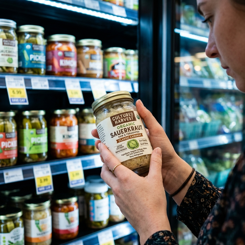 A person reading the label of a glass jar of sauerkraut in the refrigerated section of a supermarket.