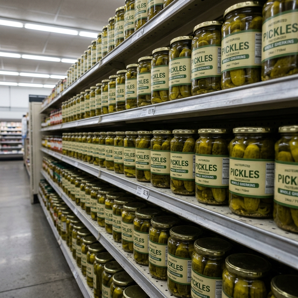 A sterile supermarket shelf filled with generic, pasteurized jars of pickles.