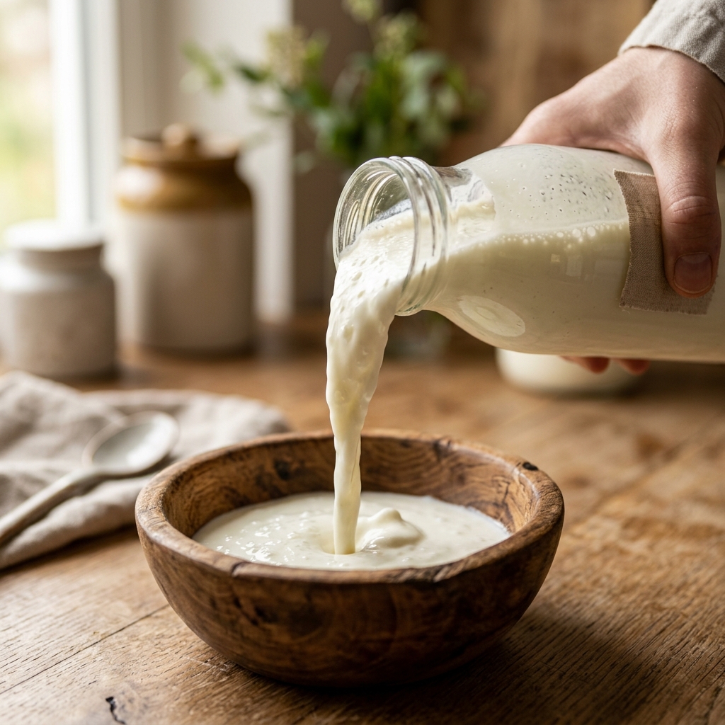 Rich, creamy kefir being poured into a wooden bowl, demonstrating the pre-digested nature of living probiotics.