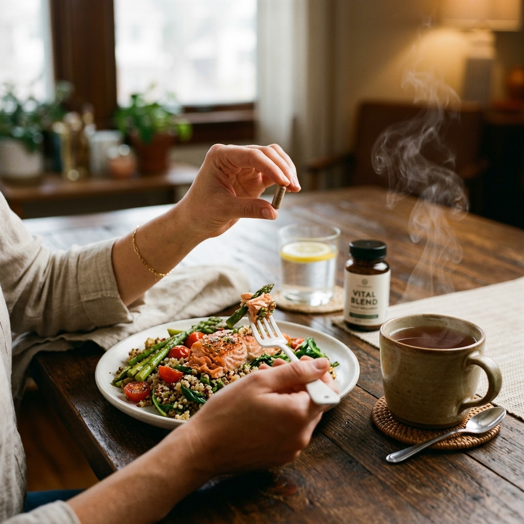 Person holding a supplement right before the first bite of a meal with warm tea