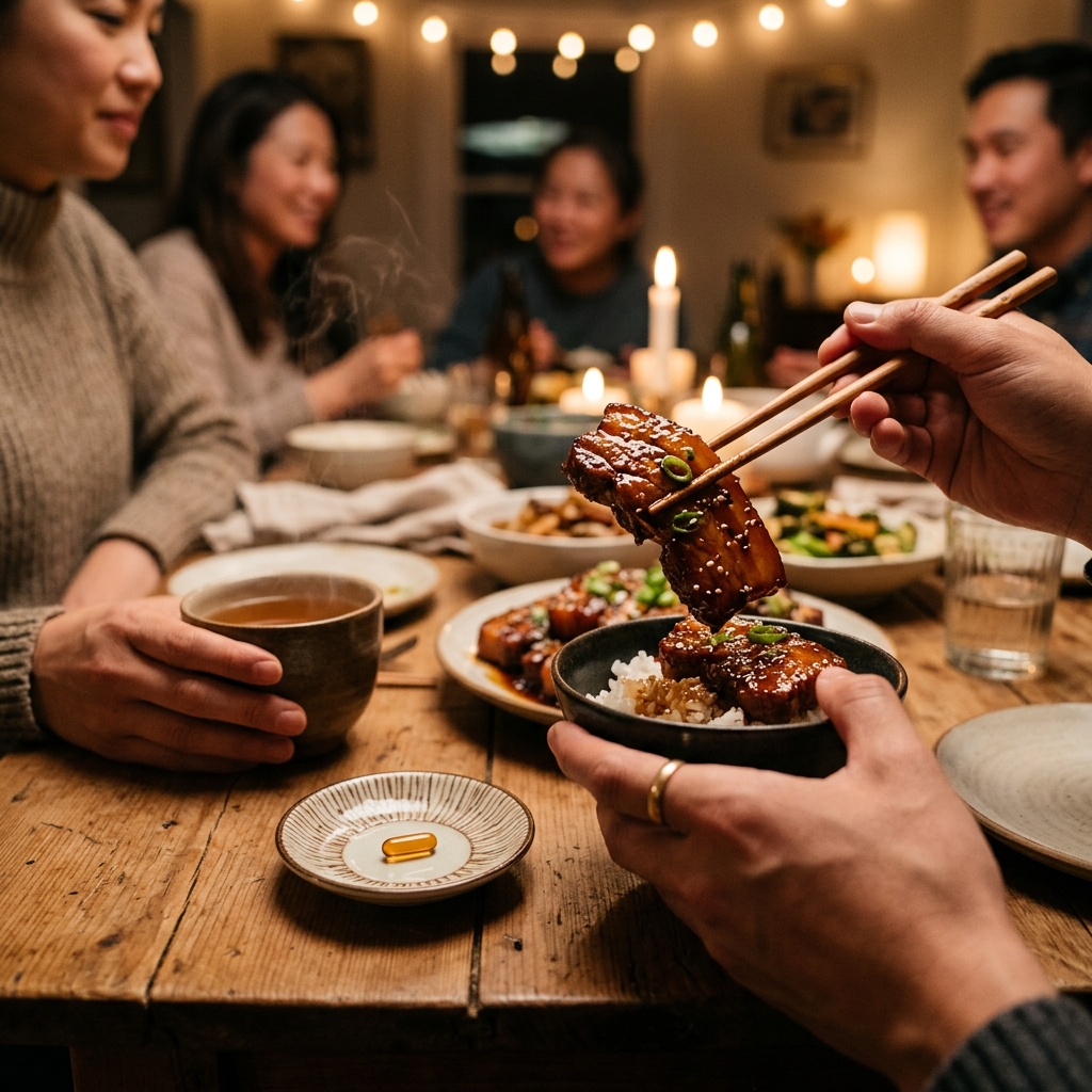 Chopsticks lifting pork belly, hand holding warm tea cup, amber capsule on small dish at a family dinner
