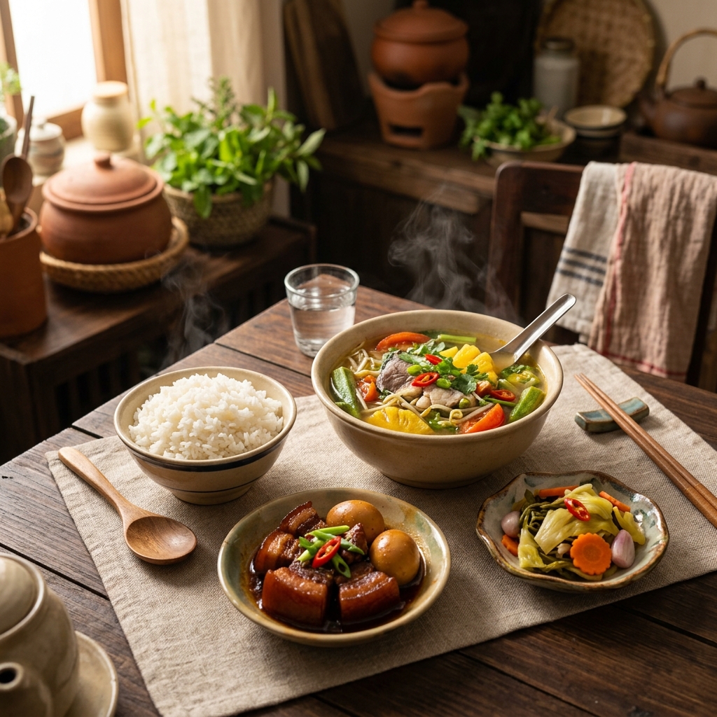 A balanced traditional Vietnamese meal with rice, soup, meat, and fermented vegetables