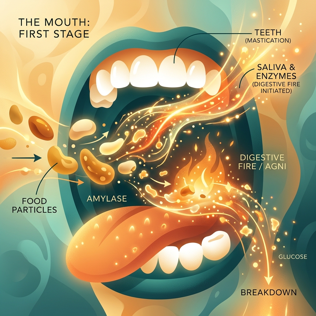 Illustration of saliva and chewing breaking down food.