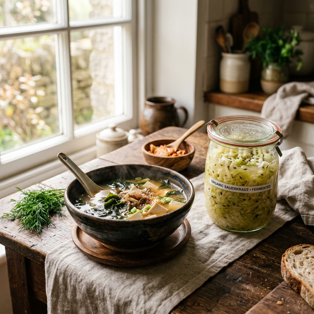 Fermented foods like sauerkraut and miso soup.