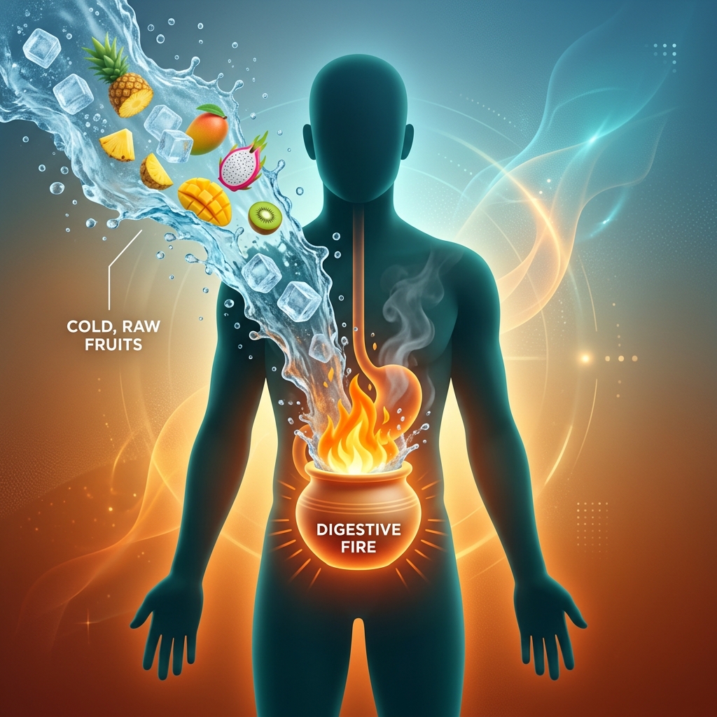 A conceptual illustration of the 'Digestive Fire' in Oriental Medicine being extinguished by cold raw fruits.
