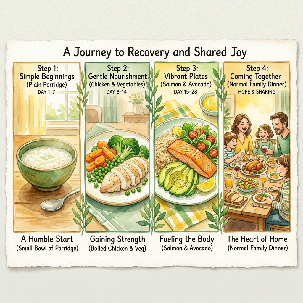 4-phase recovery timeline: plain porridge, boiled chicken, salmon with avocado, normal family meal