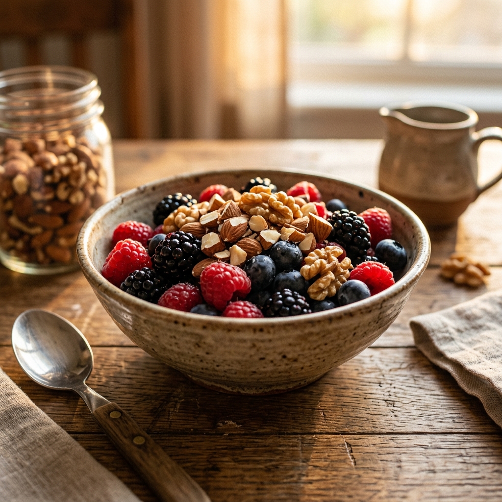 A bowl of mixed berries topped with almonds, illustrating the protective fiber matrix that slows sugar absorption.