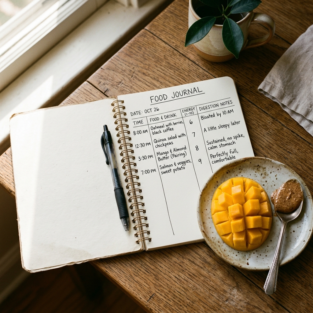 A food journal open next to diced mango and almond butter, demonstrating fruit pairing to avoid energy crashes.