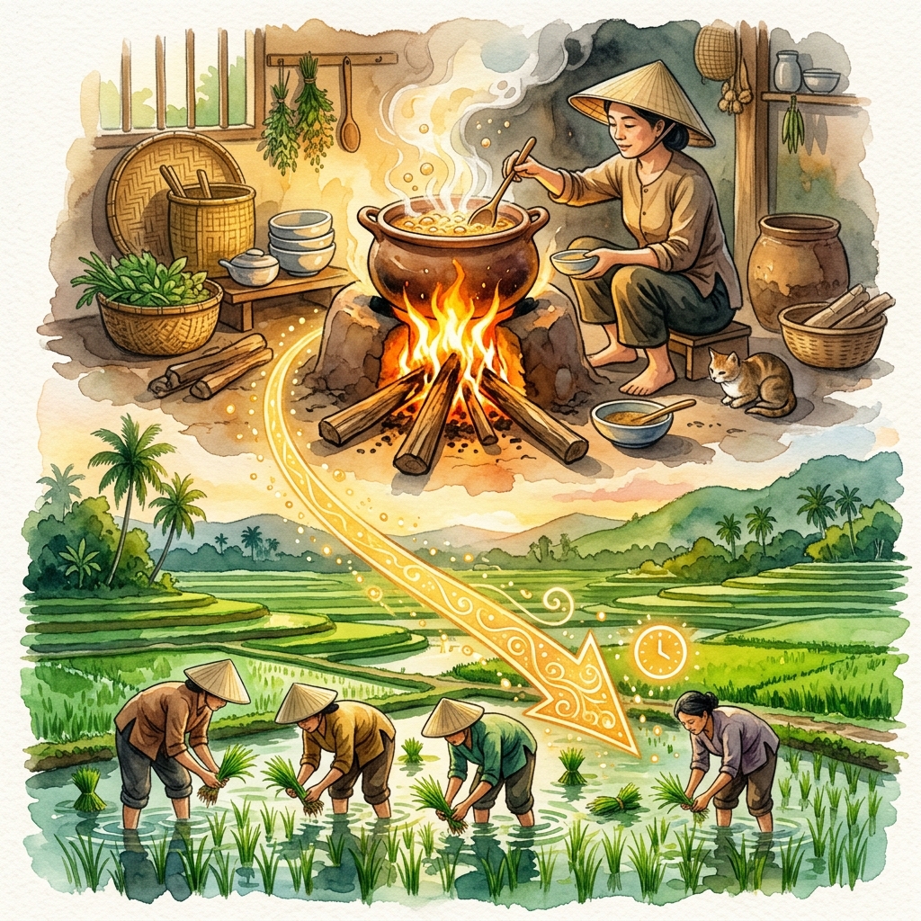Vietnamese kitchen with steaming clay pot on open fire above, green rice paddies below - metaphor for Spleen Fire and colon
