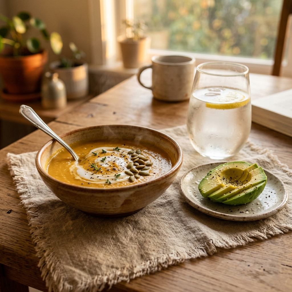 A nourishing bowl of sweet potato soup and avocado, representing a gut-healing, gentle digestion meal plan.