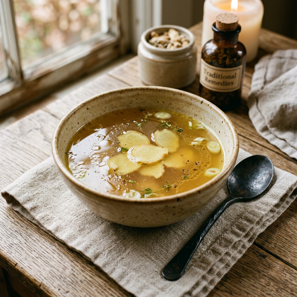 A comforting ceramic bowl of clear golden bone broth with thin slices of fresh ginger floating in it.