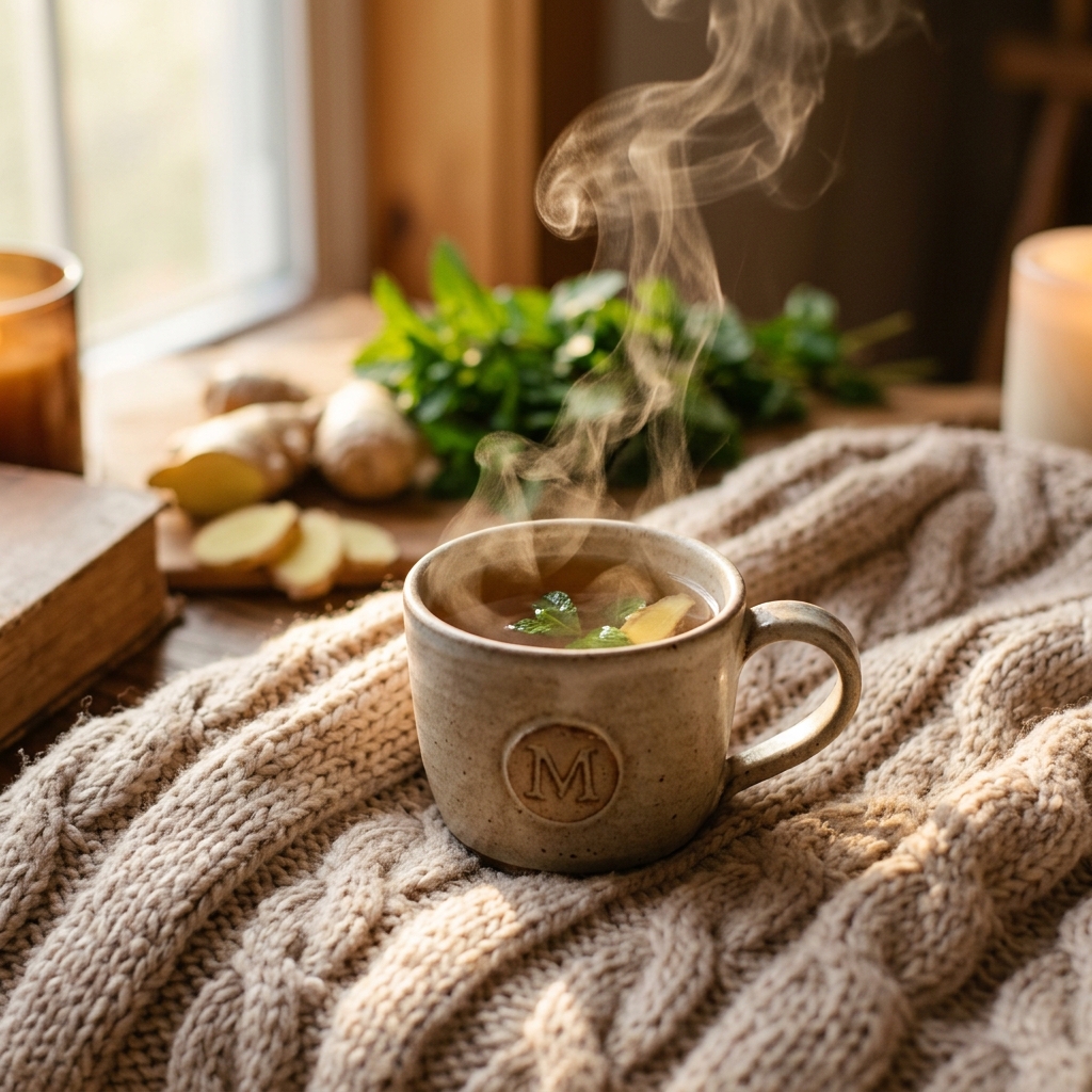 A steaming cup of ginger and peppermint tea resting on a cozy knitted blanket.