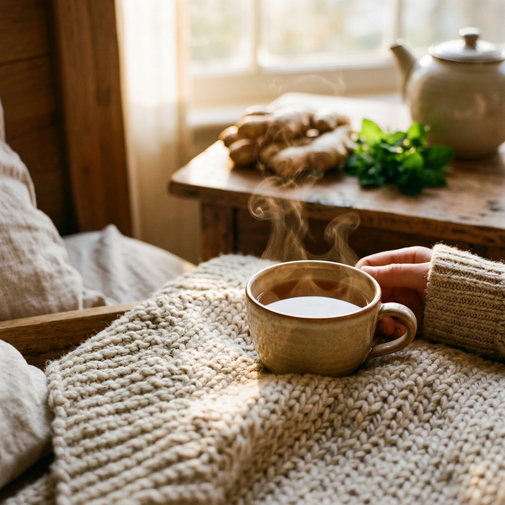 A steaming cup of soothing ginger and peppermint tea to calm intestinal spasms after drinking.