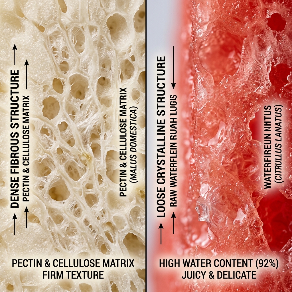 Macro comparison showing the dense fiber matrix of an apple versus the loose, watery structure of a watermelon.