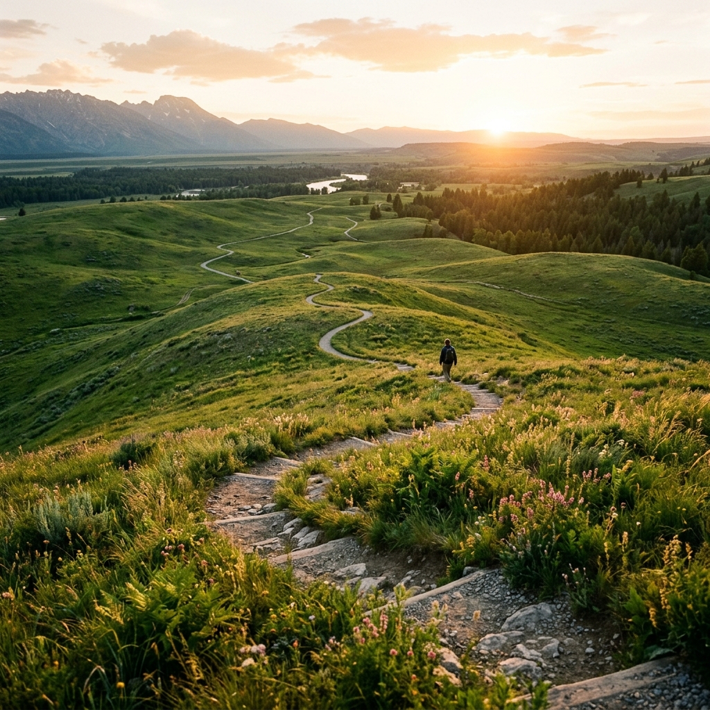A beautiful, winding pathway descending down a gentle, grassy hill, symbolizing the human colon.