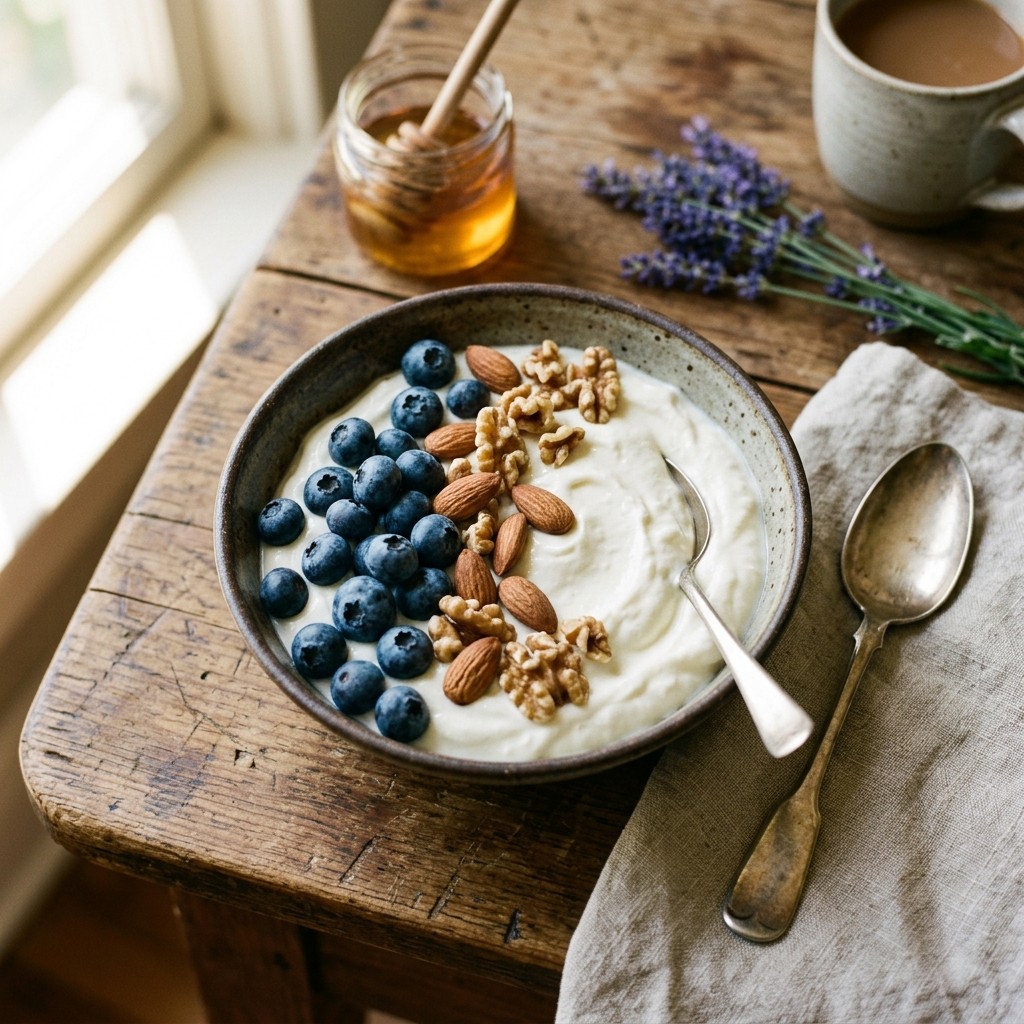A healthy, plain Greek yogurt bowl with almonds and blueberries