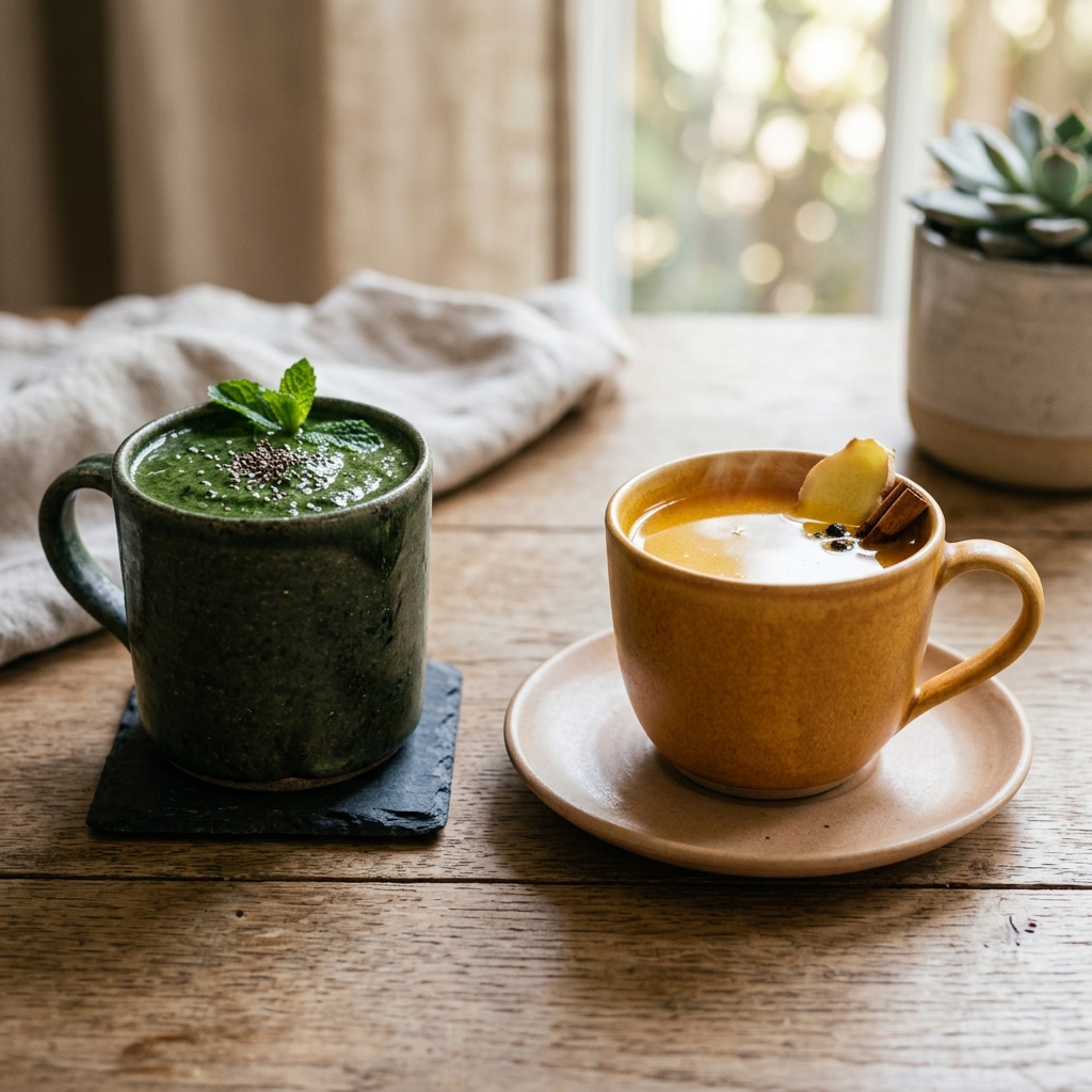 A contrast between a cold green smoothie and a warm golden tonic, illustrating the difference between raw foods and traditional warming remedies.