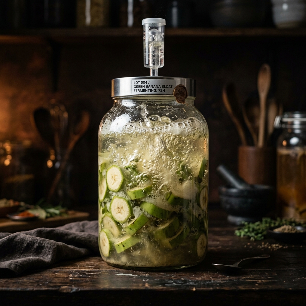 A fermentation jar violently bubbling, illustrating the green banana bloat effect in the gut.
