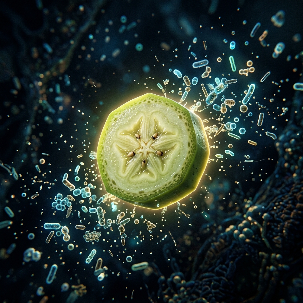 Microscopic view of green banana resistant starch feeding glowing gut bacteria.