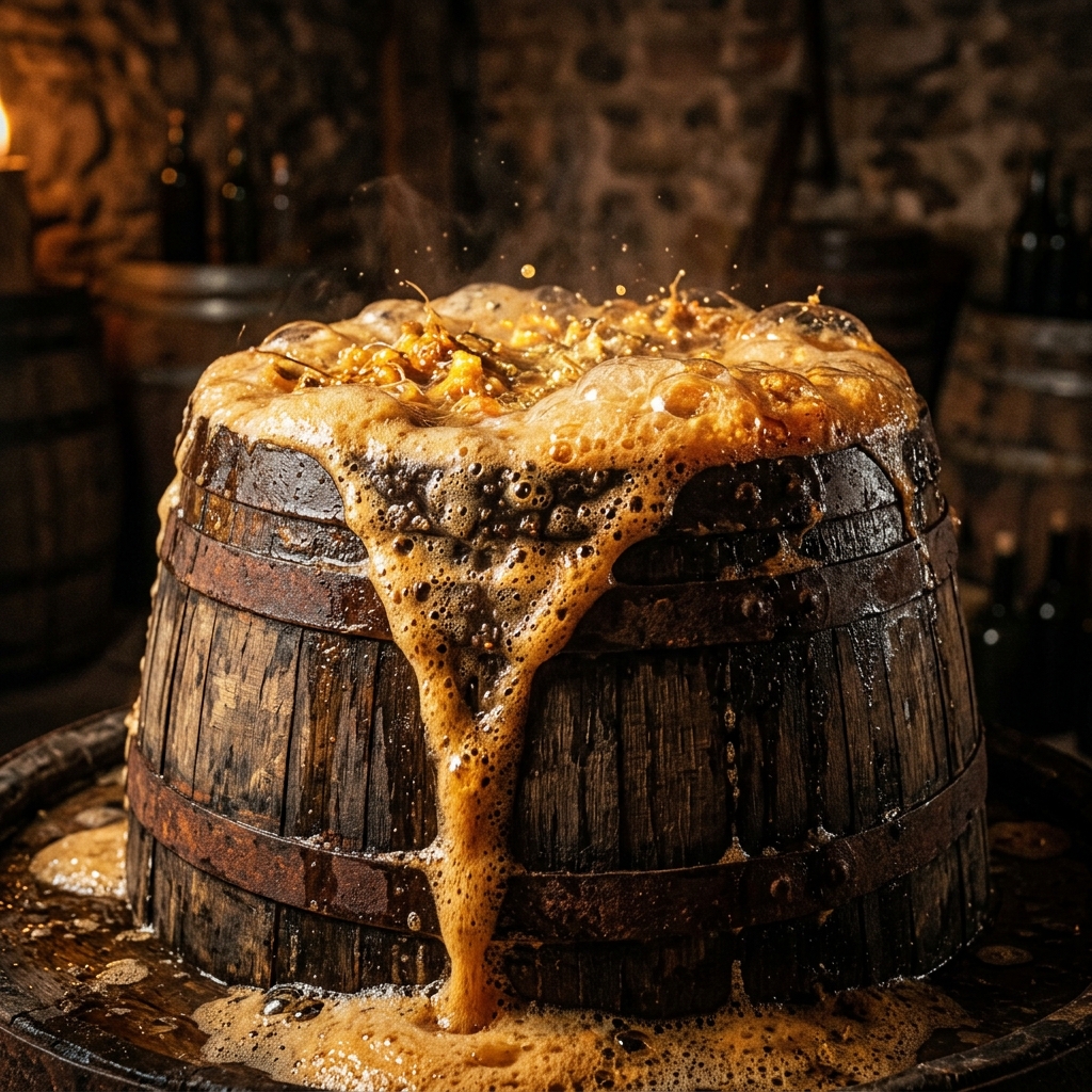 A bubbling wooden barrel overflowing with active foam, representing the gut as a fermentation vat.