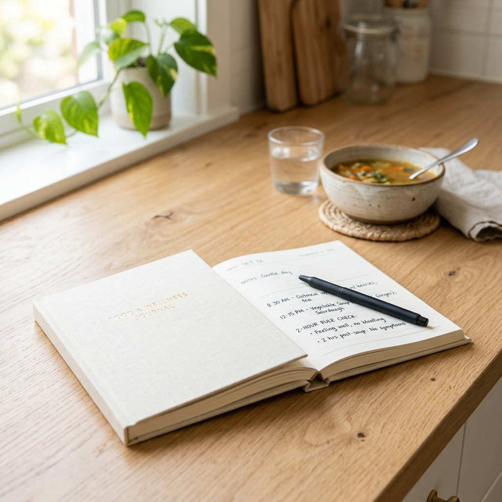 A minimalist food journal open on a counter next to a soothing cup of tea, used for tracking dietary triggers.