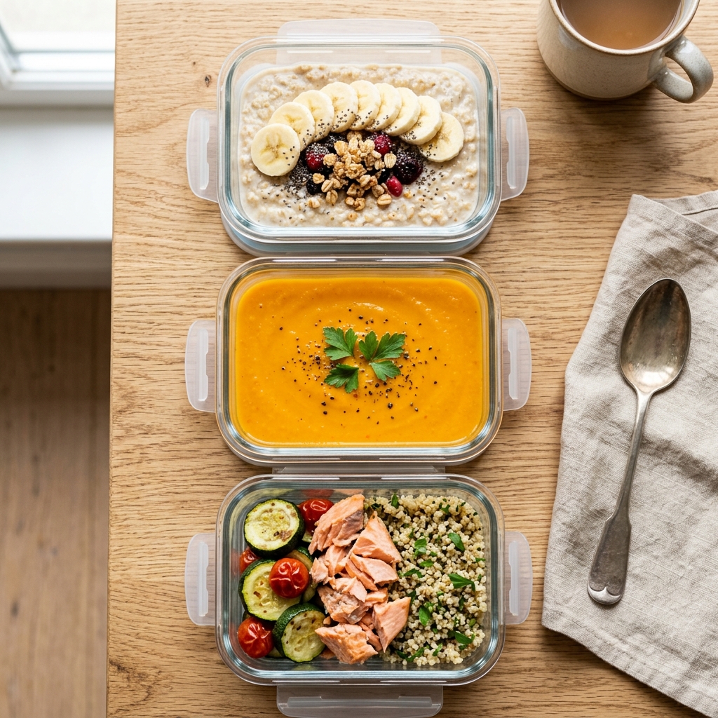 Three glass meal prep containers arranged neatly, showing oatmeal, pureed soup, and baked salmon with quinoa.