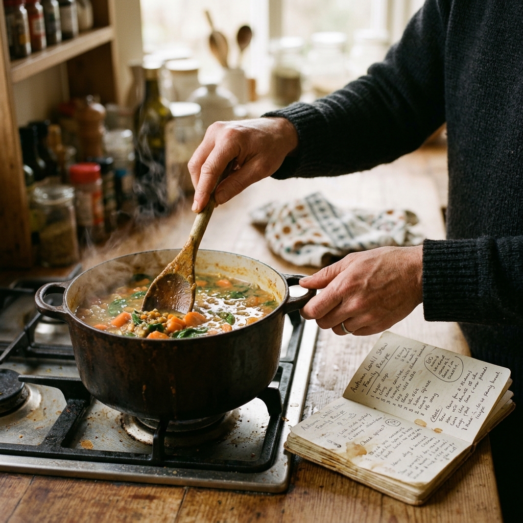 A person stirring a steaming pot on a rustic stove next to an open recipe journal, representing questions about gut-healthy cooking.