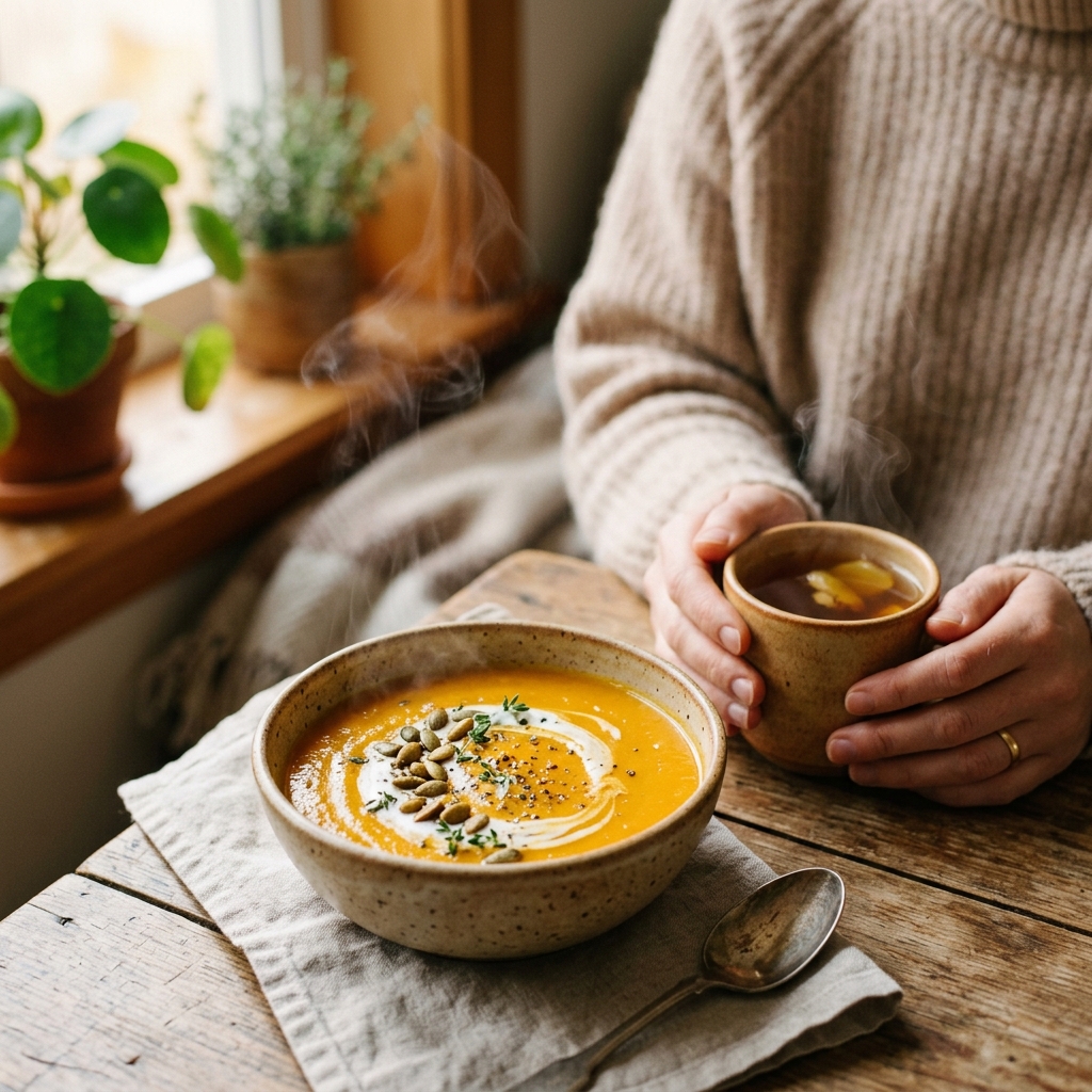 A comforting bowl of warm butternut squash soup and ginger tea, representing phase 1 of a gut healthy diet.
